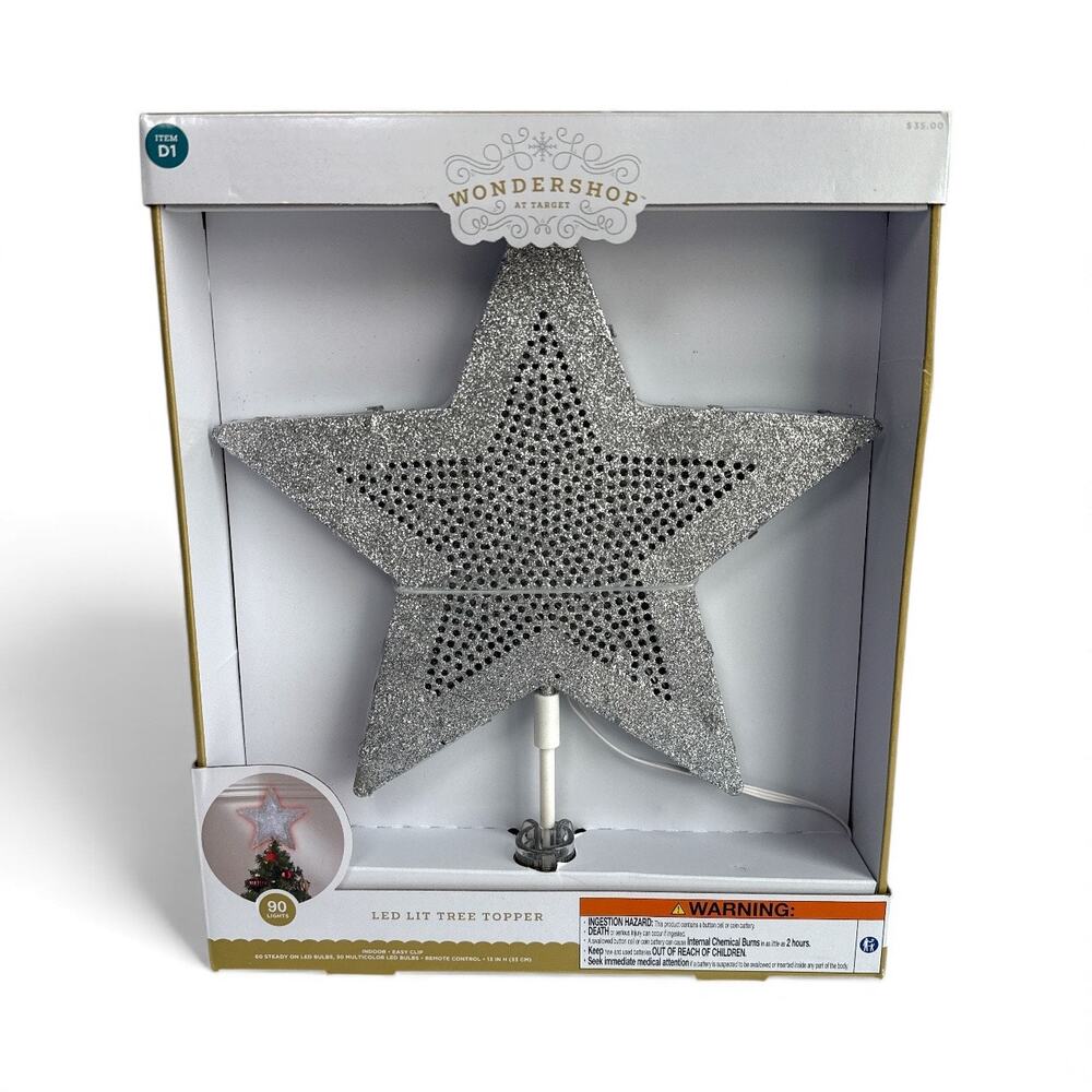 Wondershop LED Star Tree Topper Silver Glitter 90 Lights Christmas NEW